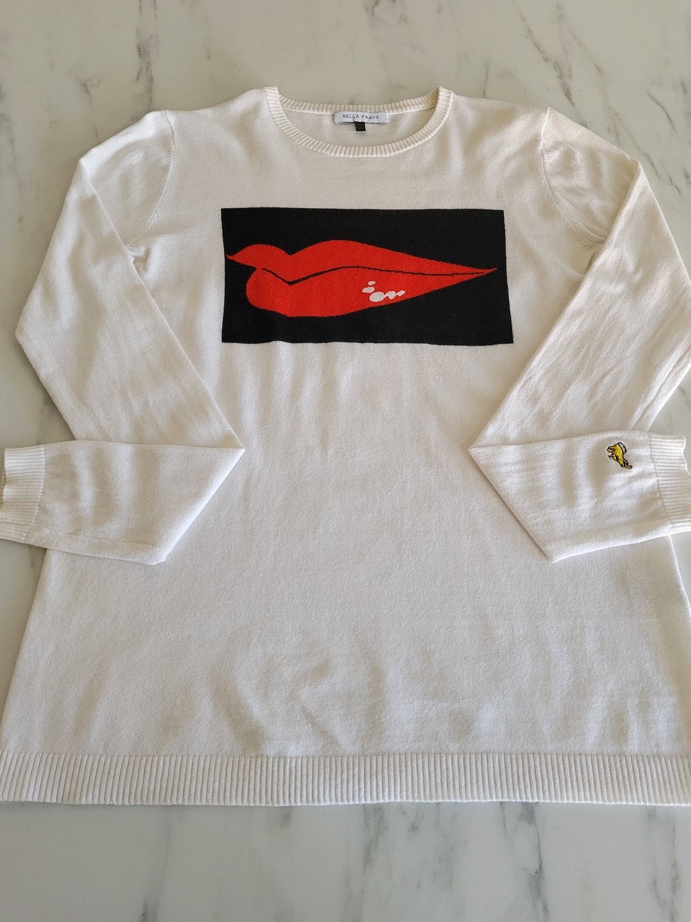 Bella Freud Hot Lips Graphic Sweater Size S White Cotton Cashmere Knit Pullover